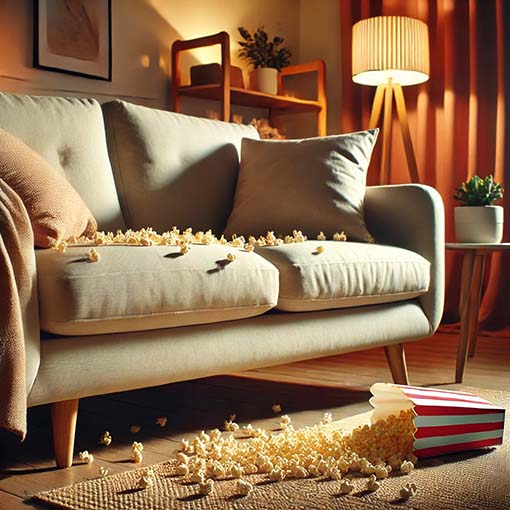 Popcorn on spilled on upholstered couch